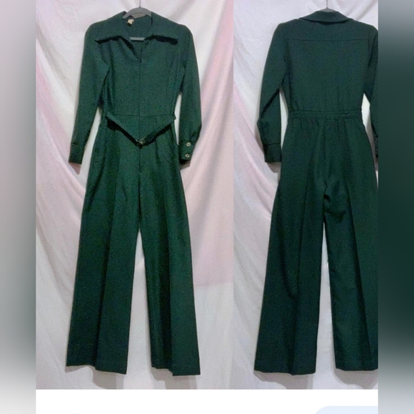 Pants - Vintage Green long sleeve wide leg jumpsuit button down front retro style